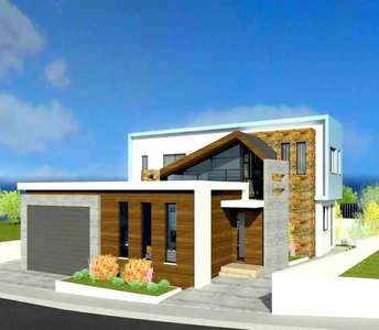 Contemporary newly built house with a striking architectural design, featuring stone and wood accents