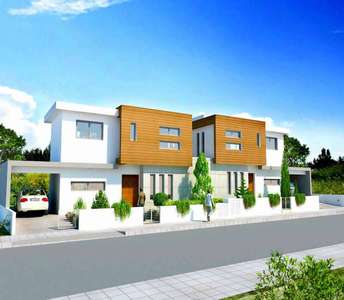 Newly built houses with a sleek design, wooden facade decoration, spacious gardens, and elegant architecture