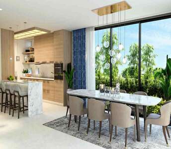 Interior of a modern home in Pernera with open-plan layout and large sliding doors overlooking the backyard