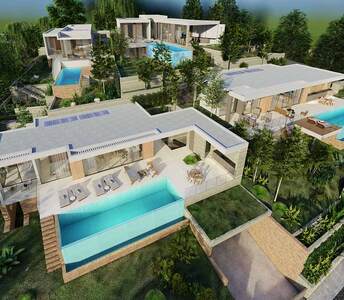 Collection of hillside homes in Konia with private pools, large terraces, and lush landscaped surroundings