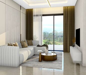 Элегантная гостиная квартиры с панорамными окнами и интерьером в природных тонах