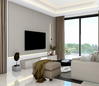 Светлая зона отдыха в мягких нейтральных тонах с вертикальной панельной отделкой