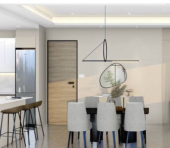 Стильная обеденная зона квартиры с минималистичным декором и подвесным потолком из гипсокартона