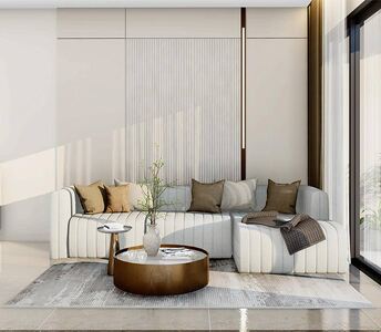 Изысканная зона отдыха квартиры с элегантным керамическим полом и декоративными панелями на стенах