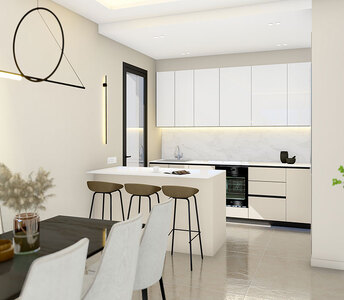 Минималистичная кухня с глянцевыми шкафами, мраморным фартуком и светлой барной стойкой-островом