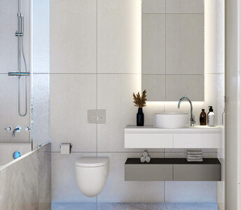 Элегантная ванная комната с минималистичным дизайном, подвесным унитазом, парящей раковиной и встроенным атмосферным освещением