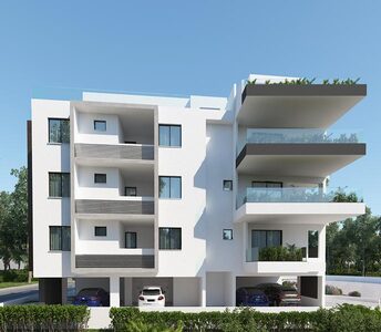 Rear view of an apartment building in Aradippou with expansive cantilevered balconies and covered parking area
