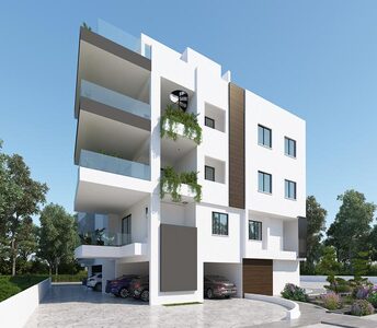 Side view of an apartment building in Aradippou, Larnaca with earthy tones and timber accents