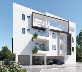 Elegant facade of a newly built apartment building in Aradippou with design-forward projections and landscaped gardens