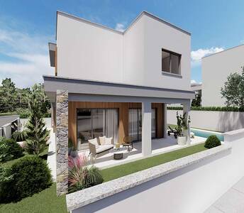 Modern 3-bedroom detached house for sale in Souni, Limassol, featuring clean architectural lines, covered veranda, and private garden with pool.