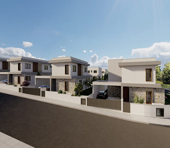 Street view of new residential development in Souni, Limassol, featuring modern 3-bedroom detached houses with stone accents and private driveways.