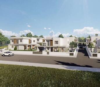 Front view of contemporary housing development in Souni, Limassol, showcasing detached 3-bedroom homes with modern architecture and landscaped plots.