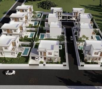 Aerial layout of modern villa complex in Souni, Limassol, with detached homes, private swimming pools, and landscaped plots.