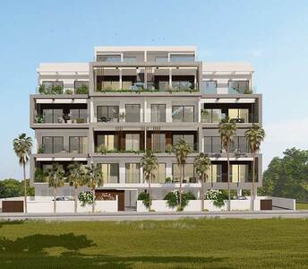 Four-storey contemporary apartment building with clean architectural lines and gated entrances