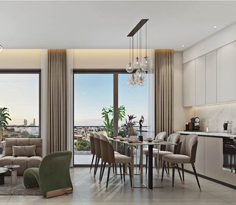 Dining area with access to the balcony through sliding doors, framing panoramic city views
