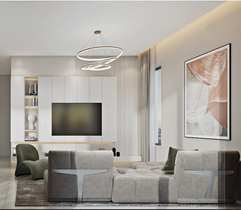 Living area with built-in TV wall, ceiling spotlights, and soft-toned colours