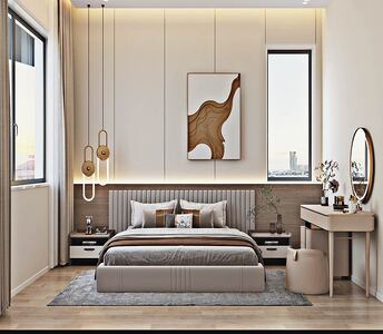 The bright second bedroom of the apartment with laminate parquet flooring and a soft, calm atmosphere