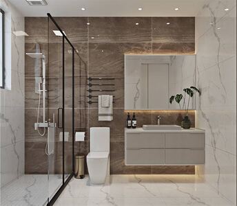 Main bathroom with luxury finishes, elegant sanitary ware, and a floating vanity unit