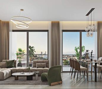 Open-plan living and dining area of the flat with large windows and panoramic urban views