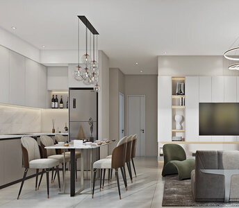 Interior layout with glossy kitchen cabinets, granite countertops, and a cozy TV area