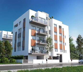 4-storey apartment building with wood panel façade elements, private balconies on each floor, and gated entrance