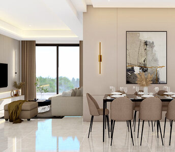 Open-plan living and dining area of the flat with neutral tones, floor-to-ceiling windows, and minimalist décor