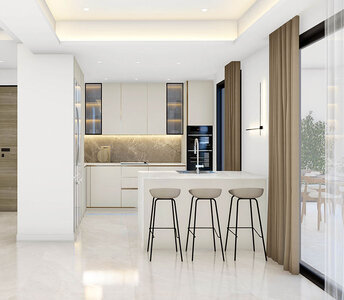 Kitchen of an apartment in Limassol with granite backsplash, built-in appliances, and central island with bar stools