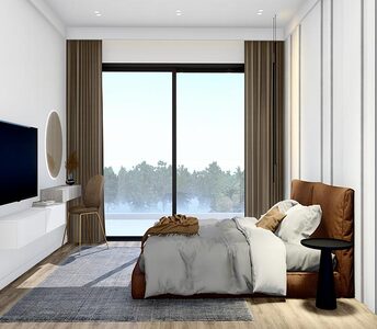 Second bedroom of the three-bedroom apartment with floor-to-ceiling windows and private balcony