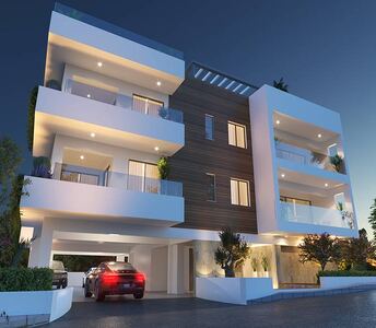 Two-storey apartment building with sleek design and wood-panel facade in Famagusta province