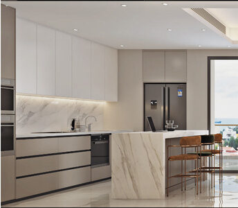 Elegant kitchen with gloss beige cabinetry, gypsum ceiling decoration, and integrated VRV air conditioning system