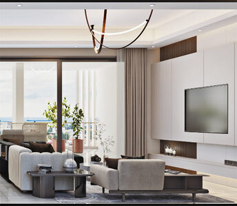 Sophisticated living area of the flat with built-in media wall and access to a balcony with city views