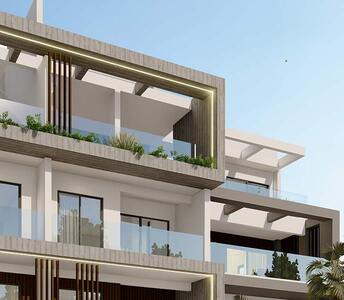 Property exterior in Limassol featuring modern sleek architectural design and glass railings