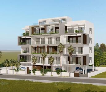 Four-story apartment building in a tranquil residential area, featuring wood accents and sheltered parking spaces