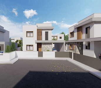 Villas with decorated façades, wooden details, and natural stone in Souni village, Limassol