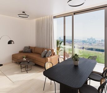 Единое пространство гостиной и столовой в Ливадии, Ларнака с большими окнами и открытым видом