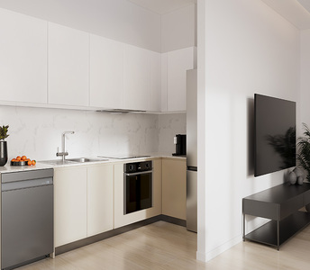 Современная кухня в единой планировке в Ливадии, Ларнака с глянцевыми шкафами, минималистичными линиями и аккуратной отделкой