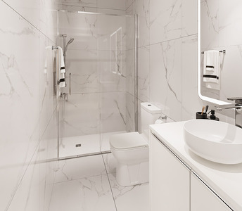 Современная ванная комната квартиры в Ливадии, Ларнака с элегантной сантехникой и стеклянной душевой кабиной