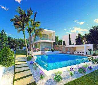 Contemporary villa in Paphos province with sleek architectural lines, infinity pool and mature garden